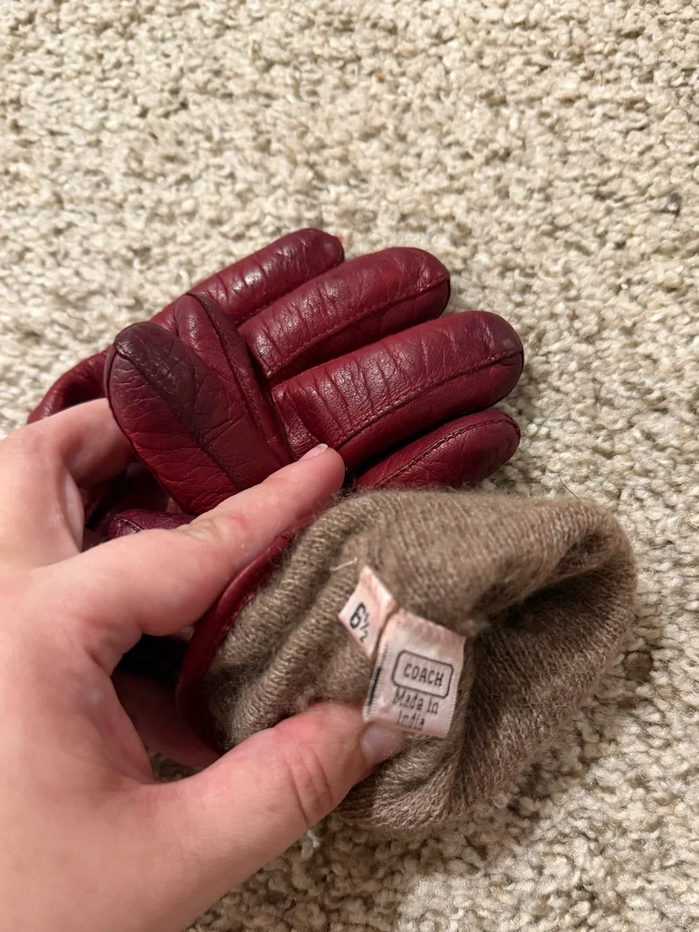Vintage Coach Red Leather & Cashmere Women's Gloves with Gold Buckle
